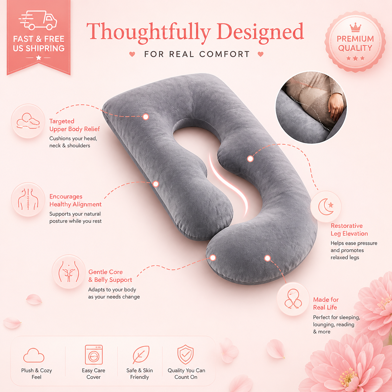Full Body Pregnancy Pillow – J-Shaped Maternity Support Pillow for Back, Hips & Sleep Relief